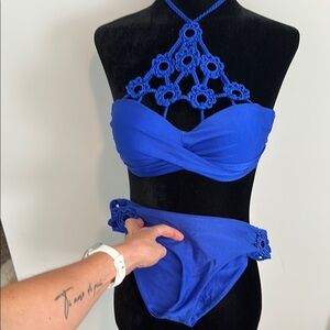 Hard to find! LuluFama Blue Crochet Halter Bikini Set
